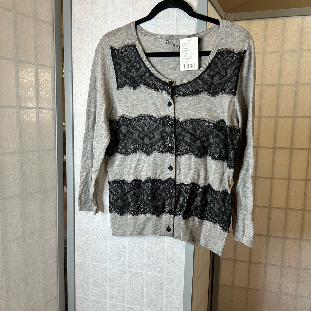 NWT Anthropologie Knitted & Knotted Stunning Gray & Black Lace Women's Cardigan